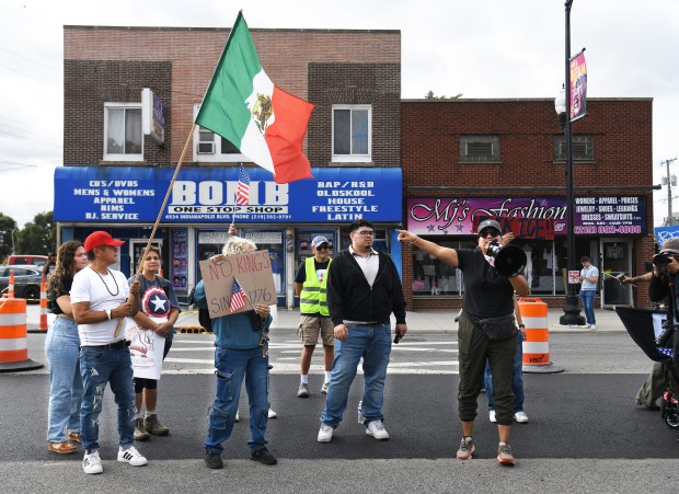 East Chicago Councilwoman Vanessa Hernandez-Orange, right, speaks during anti-ICE protests along Indianapolis Boulevard outside East Chicago City Hall in East Chicago, Indiana, Saturday, Oct. 11, 2025. (Andy Lavalley/for the Post-Tribune)