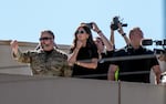 U.S. Department of Homeland Security Secretary Kristi Noem stands on the roof of the U.S. Immigration and Customs Enforcement building in South Portland on Tuesday, Oct. 7, 2025.