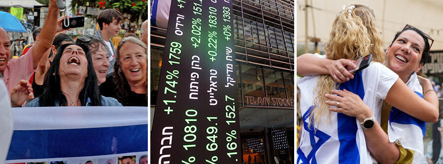 The Tel Aviv Stock Exchange climbed following news that Israel and Hamas have signed the first phase of his peace plan to end the war in the Gaza Strip (Photos: Kobi Wolf/Bloomberg, REUTERS/Ronen Zvulun, MAYA LEVIN/AFP) עליות שערים בבורסה לניירות ערךלצד חגיגות בכיכר החטופים - מיין רחב