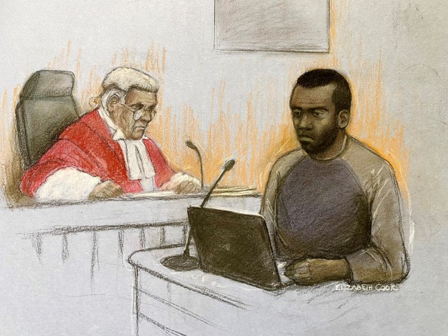 Court artist sketch by Elizabeth Cook of Deng Chol Majek giving evidence at Wolverhampton Crown Court, where he is charged with the murder of hotel worker Rhiannon Skye Whyte, who was stabbed in the head with a screwdriver at Walsall's Bescot Stadium Station in October last year. Picture date: Tuesday October 21, 2025. PA Photo. Photo credit should read: Elizabeth Cook/PA Wire