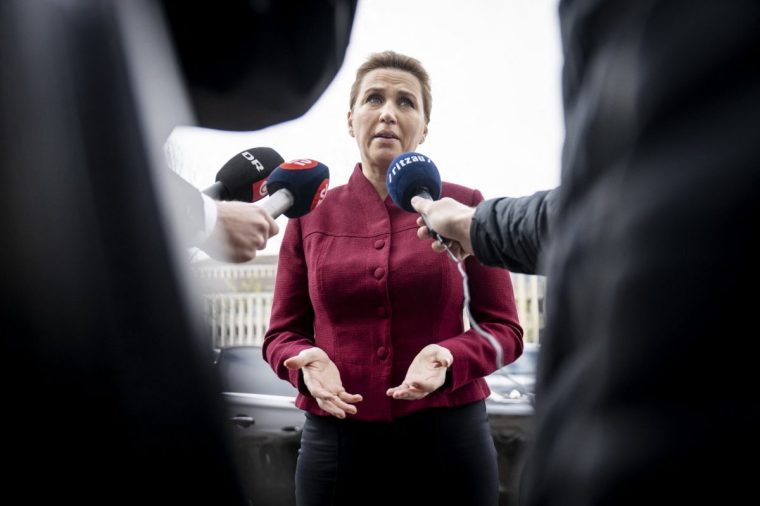 Denmark's Prime Minister Mette Frederiksen speaks to medias as she arrives to the opening of an international migration conference in Copenhagen, Denmark, on May 6, 2024. Decision-makers and experts from Europe, the Middle East, and Africa are in Denmark to discuss new solutions for the European asylum system. (Photo by Mads Claus Rasmussen / Ritzau Scanpix / AFP) / Denmark OUT (Photo by MADS CLAUS RASMUSSEN/Ritzau Scanpix/AFP via Getty Images)
