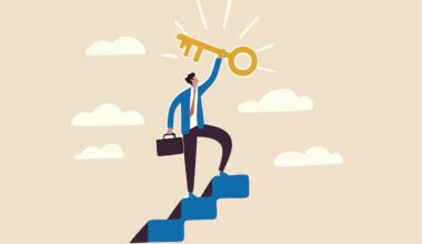 Key to business success, stairway to find secret key or achieve career target concept, businessman winner walk up to top of stairway lifting golden success key to the sky.