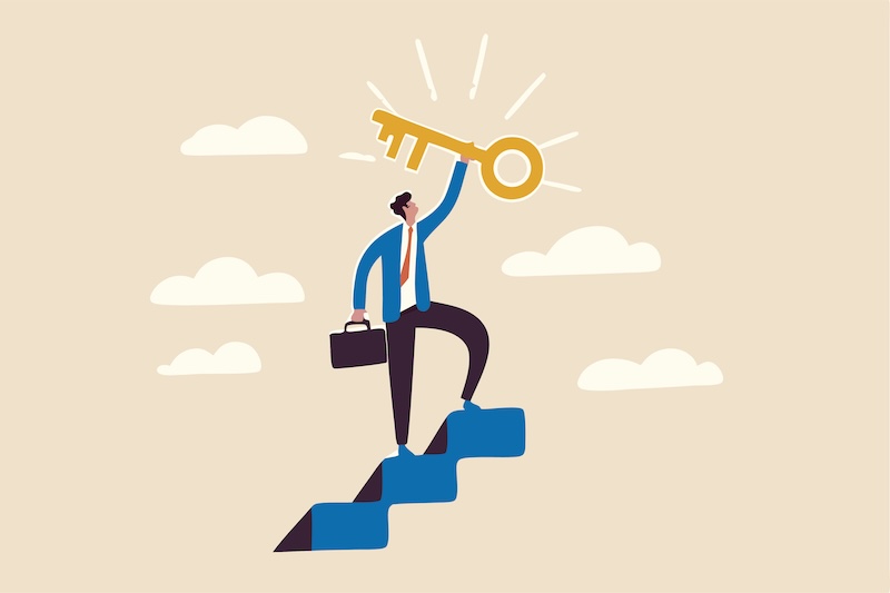 Key to business success, stairway to find secret key or achieve career target concept, businessman winner walk up to top of stairway lifting golden success key to the sky.