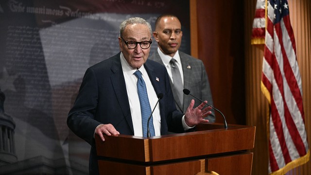 Senate Minority Leader Chuck Schumer, D-NY, speaks to reporters about a potential government shutdown alongside House Minority Leader Hakeem Jeffries, D-NY, on Sept. 29. (Photo by Brendan Smialowski/AFP via Getty Images)