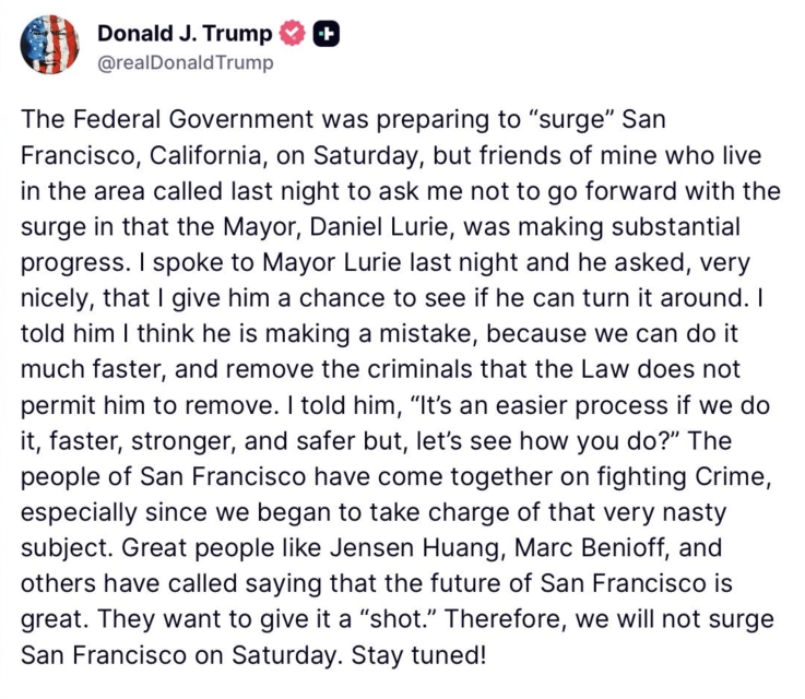A screenshot of a social media post by Donald J. Trump discussing San Francisco's response to a planned federal government action regarding crime and immigration in the city.