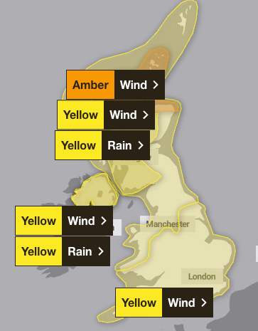 Met Office yellow and amber weather warning for storm Amy