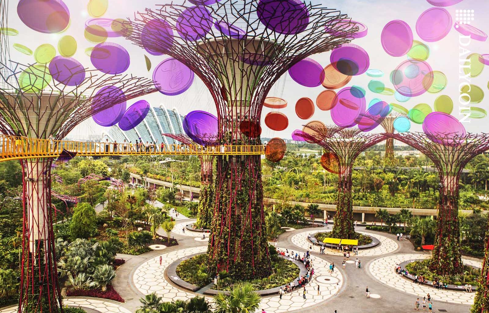 Singapore skyline with lots of colorful coins.