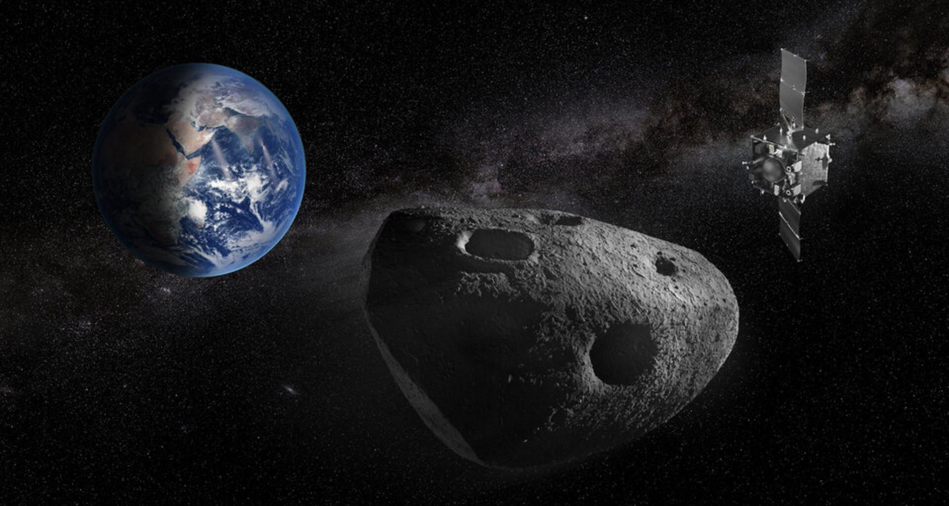 An illustration showing a spacecraft to the right of a rocky asteroid in the foreground with the Earth in the left background