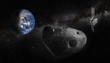 An illustration showing a spacecraft to the right of a rocky asteroid in the foreground with the Earth in the left background