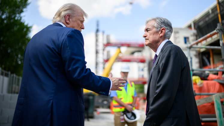 President Donald Trump speaks to Fed Chair Jerome Powell during a tour of the Federal Reserve in Washington, D.C., Thursday, July 24, 2025. (Official White House Photo by Daniel Torok)
