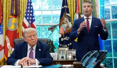President Donald Trump listens as Defense Secretary Pete Hegseth speaks in the Oval Office of the White House, Friday, Sept. 5, 2025, in Washington. (AP Photo/Alex Brandon)