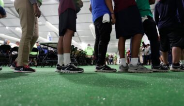 Immigrants lined up in the dining hall at a new US government holding center for migrant children in Carrizo Springs, Texas in 2019.