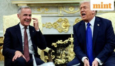 U.S. President Donald Trump and Canada's Prime Minister Mark Carney react as they meet in the Oval Office at the White House in Washington, D.C., U.S., October 7, 2025. REUTERS/Evelyn Hockstein     TPX IMAGES OF THE DAY