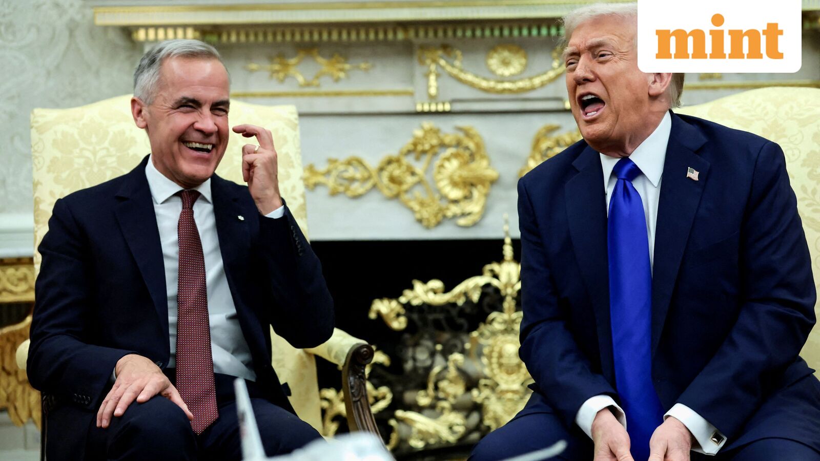 U.S. President Donald Trump and Canada's Prime Minister Mark Carney react as they meet in the Oval Office at the White House in Washington, D.C., U.S., October 7, 2025. REUTERS/Evelyn Hockstein     TPX IMAGES OF THE DAY