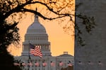American flags fly in front of the U.S. Capitol at sunrise, Wednesday, Oct. 1, 2025, in Washington.