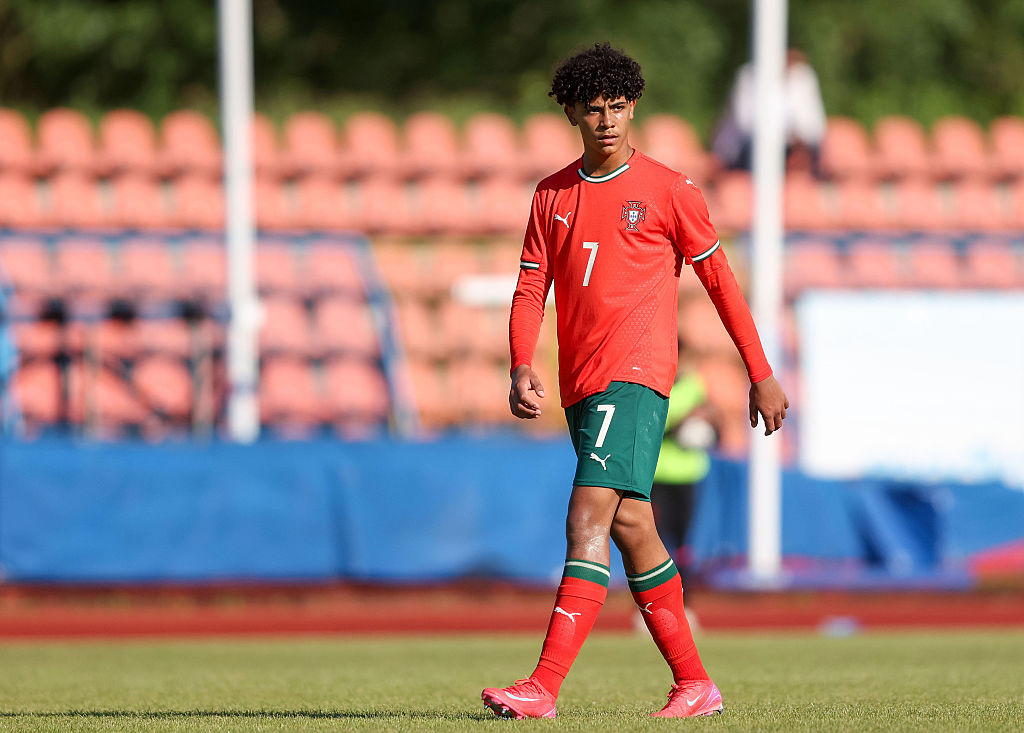 ZAGREB, CROATIA - MAY 18: Cristiano Ronaldo Jr. of Portugal U15 looks on during the Vlatko Markovi International Match between Croatia U15 and Portugal U15 at Stadion SRC Mladost on May 18, 2025 in akovec, Croatia. (Photo by Pixsell/MB Media/Getty Images)