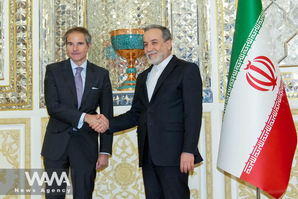 Iranian Foreign Minister Abbas Araqchi meets with International Atomic Energy Agency (IAEA) Director General Rafael Grossi in Tehran, Iran, April 16, 2025. Iranian Foreign Ministry/WANA (West Asia News Agency)