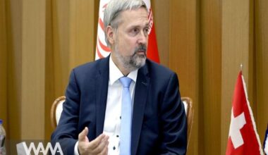 Switzerland’s new ambassador to Iran in a meeting with Samad Hassanzadeh, president of the Iran Chamber of Commerce. Social media / WANA News Agency
