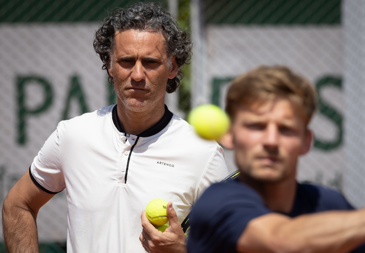 Belgian David Goffin and his coach Yannis Demeroutis pictured during a training session at the Roland Garros French Open tennis tournament, in Paris, France, Saturday 27 May 2023. This year's tournament takes place from 22 May to 12 June. BELGA PHOTO BENOIT DOPPAGNE
