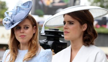 Princess Beatrice wears a baby blue hat and dress and sister Princess Eugenie wears a white hat and matching jacket