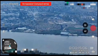 This morning, Russian forces attacked Kherson using MLRS. The scatter of the projectiles was so wide that some of the rockets fell into the water/onto empty fields. Russia POV drone. 24.10.2025