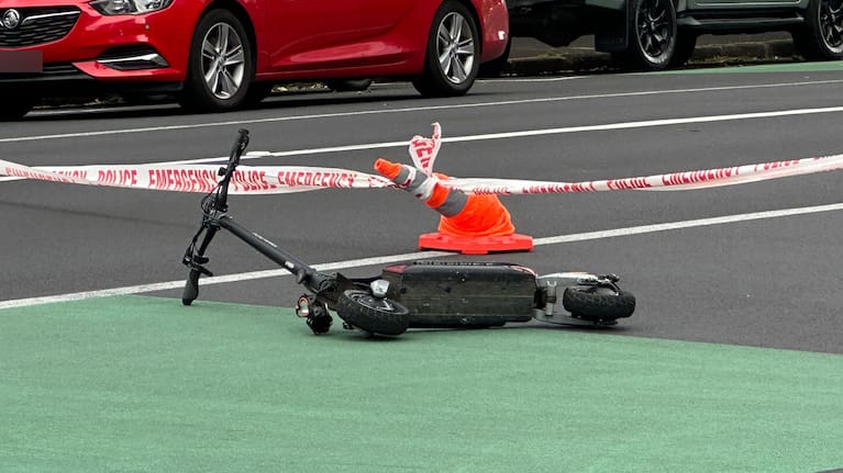 A scooter damaged following a collision with a car in Auckland central.