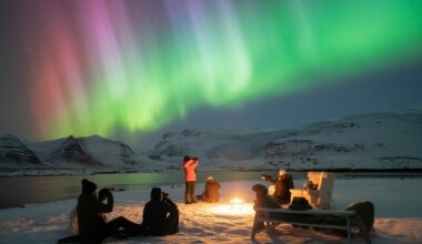 A stunning winter landscape of iceland with the northern lights glowing brightly in the sky above snow-covered mountains and glaciers. In the foreground, a group of travelers is capturing the breathtaking aurora on their cameras, while others relax in a cozy outdoor setting, surrounded by iceland's natural beauty. The scene should evoke a sense of adventure, wonder, and eco-conscious travel, with soft, dreamy lighting highlighting the magical aurora. The atmosphere should be tranquil yet awe-inspiring, reflecting iceland's position as the ultimate destination for northern lights tourism.