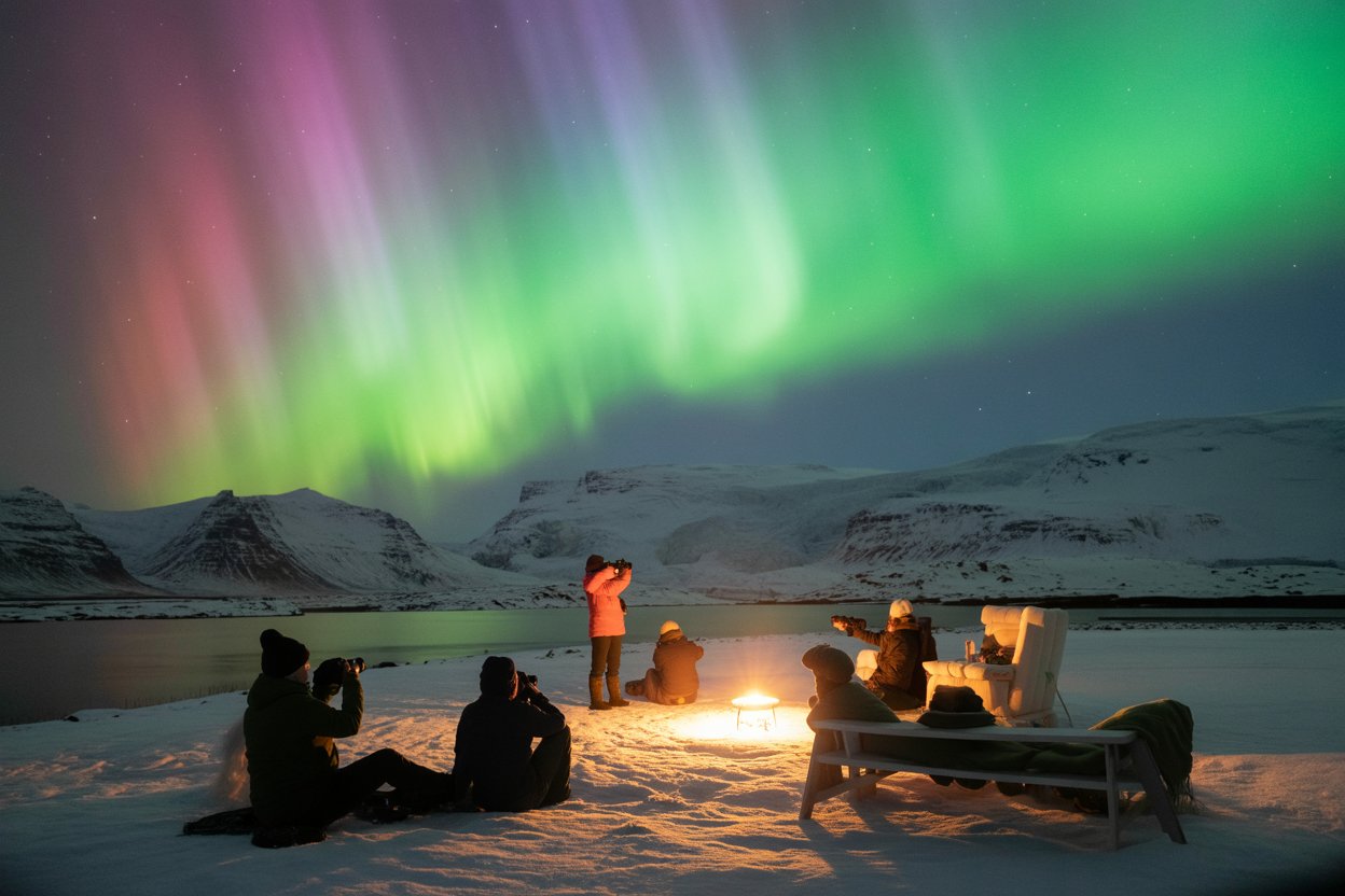 A stunning winter landscape of iceland with the northern lights glowing brightly in the sky above snow-covered mountains and glaciers. In the foreground, a group of travelers is capturing the breathtaking aurora on their cameras, while others relax in a cozy outdoor setting, surrounded by iceland's natural beauty. The scene should evoke a sense of adventure, wonder, and eco-conscious travel, with soft, dreamy lighting highlighting the magical aurora. The atmosphere should be tranquil yet awe-inspiring, reflecting iceland's position as the ultimate destination for northern lights tourism.