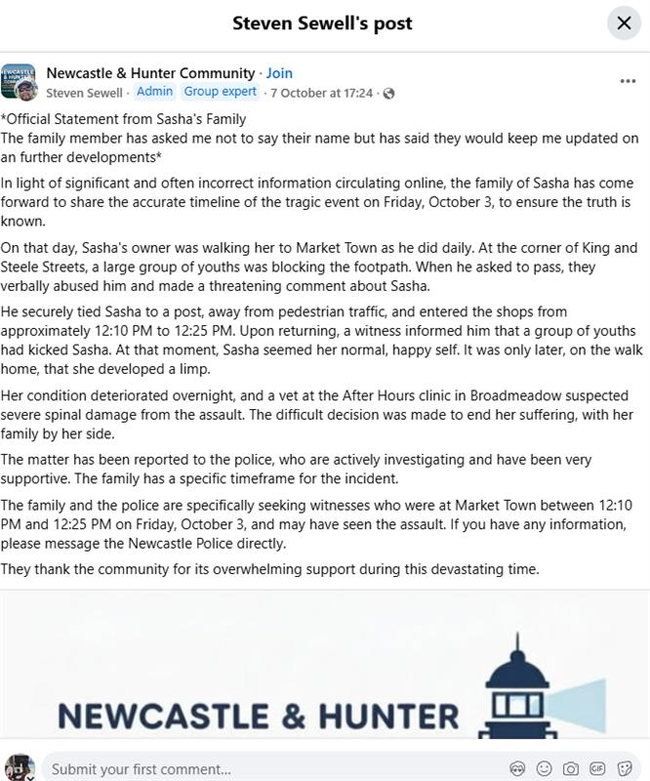 An official statement from Sasha’s family.