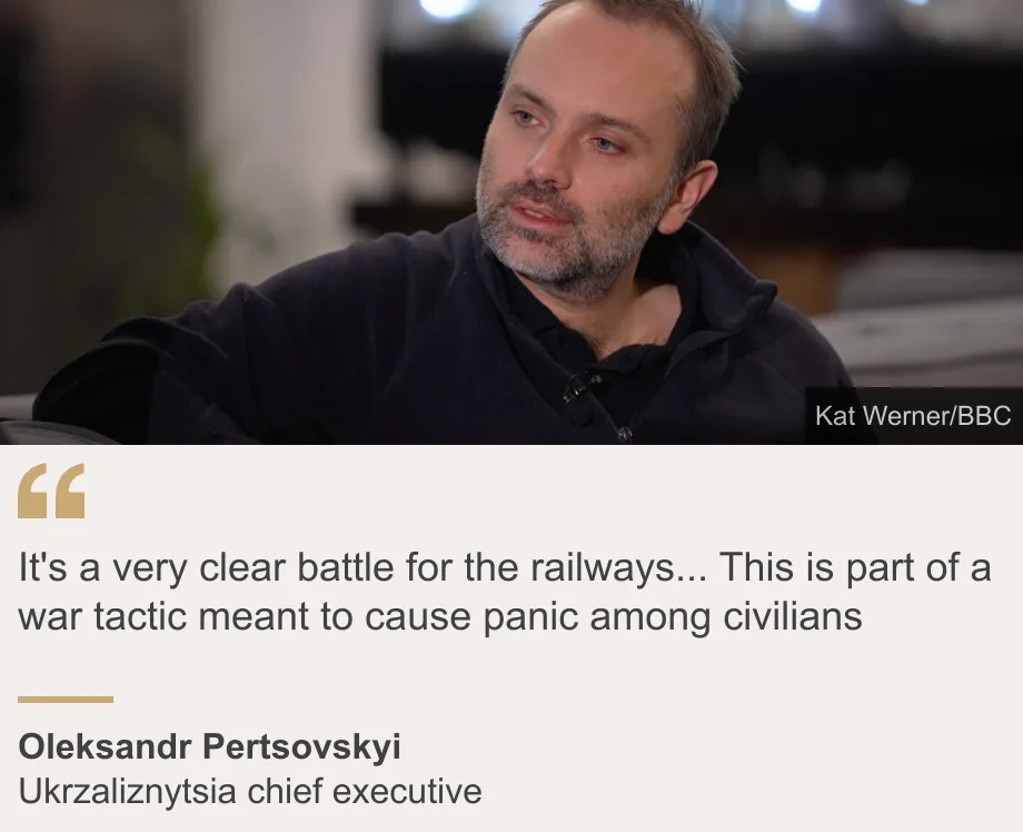 "It's a very clear battle for the railways... This is part of a war tactic meant to cause panic among civilians", Source: Oleksandr Pertsovskyi, Source description: Ukrzaliznytsia chief executive, Image: Oleksandr Pertsovskyi speaking to the BBC