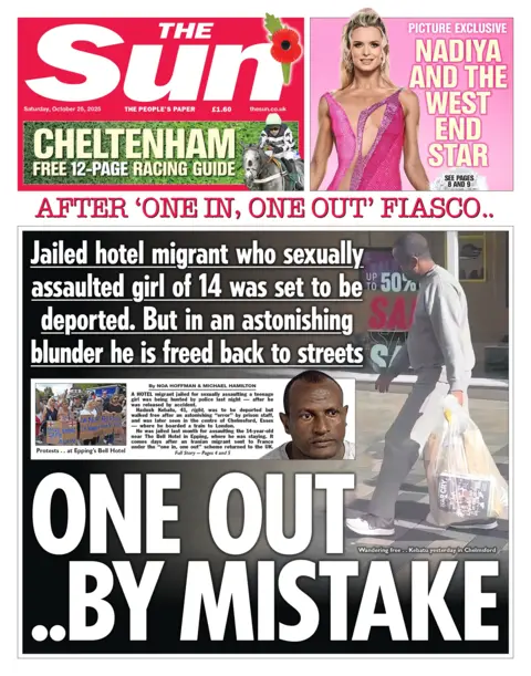 The headline on the front page of the Sun reads: "One out... by mistake".