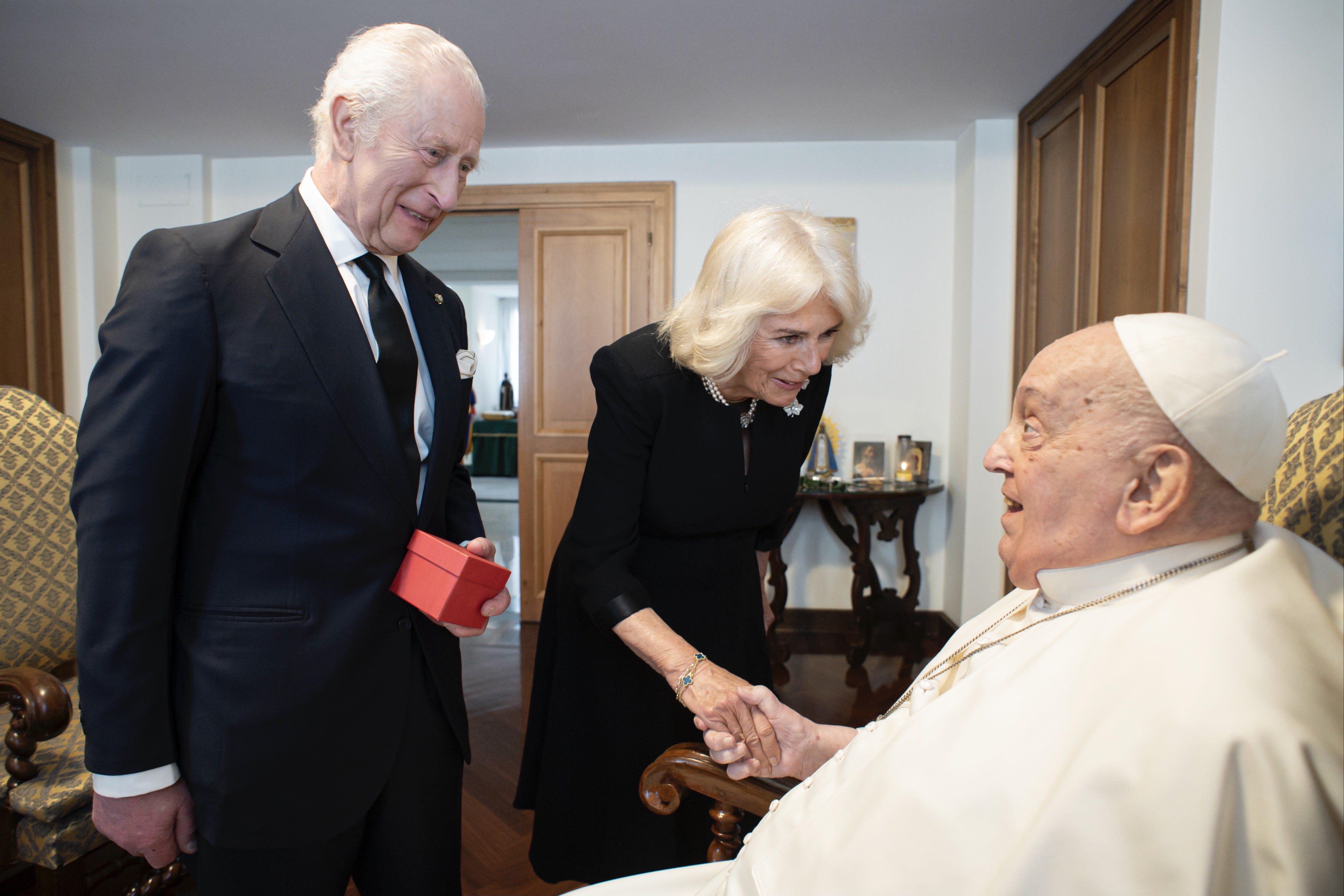 Charles and Camilla during a private meeting with Pope Francis in Rome on April 9