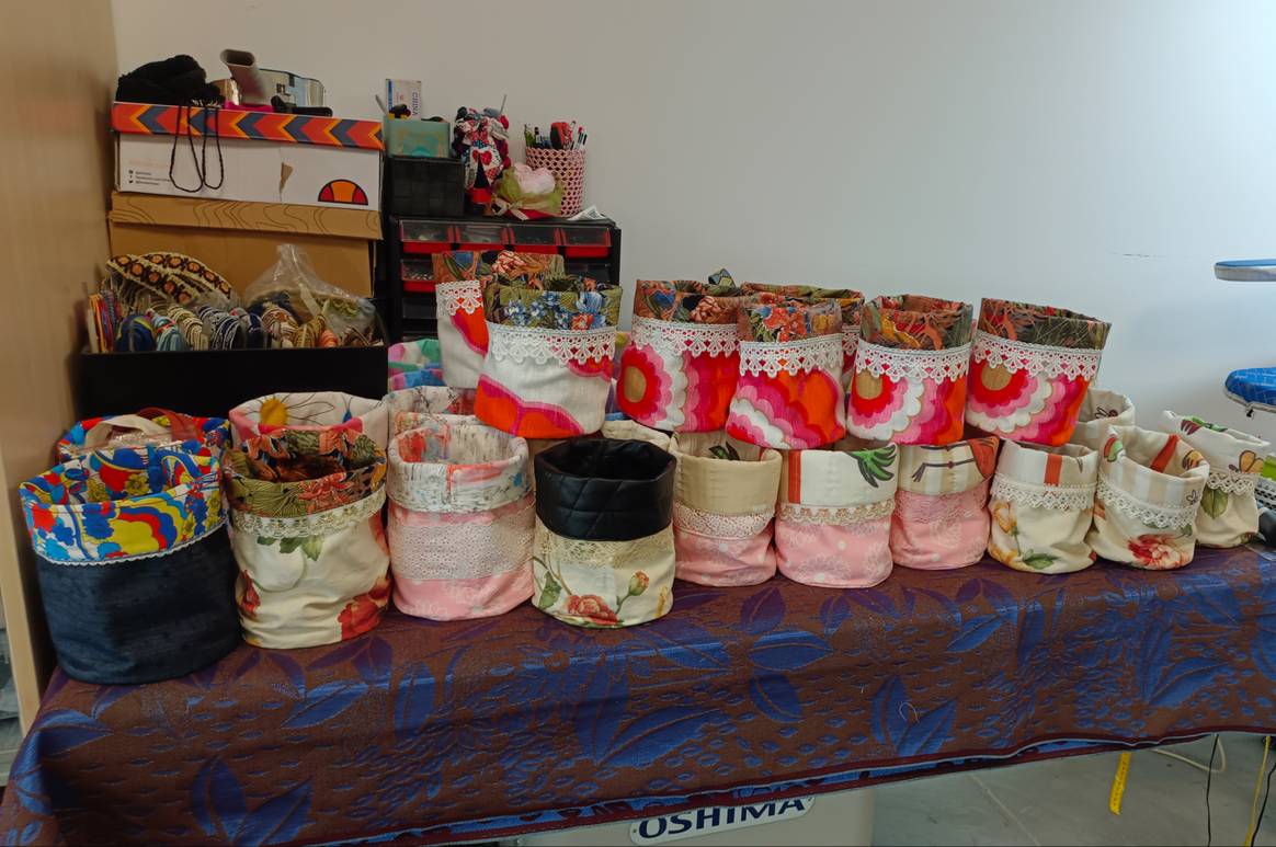 These colourful cloth bags were once garments or textiles. Now they hold everything that can be reused - buttons, zippers, sequins, yarn and more. These colourful cloth bags were once garments or textiles. Now they hold everything that can be reused - buttons, zippers, sequins, yarn and more.