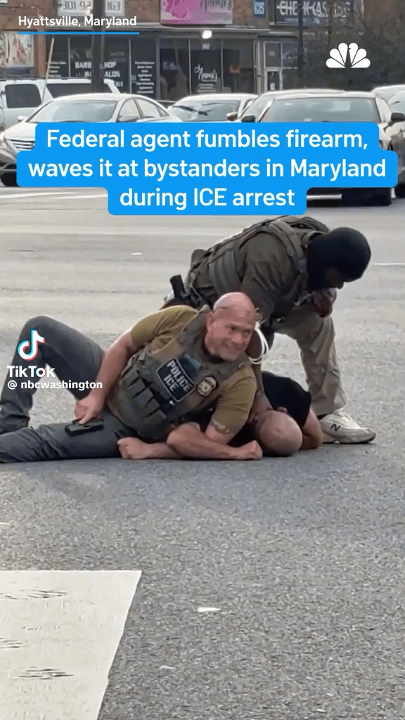 A video shows an ICE agent in Hyattsville, Maryland, dropping his weapon and shoving it toward bystanders during an arrest, prompting an internal review by authorities.