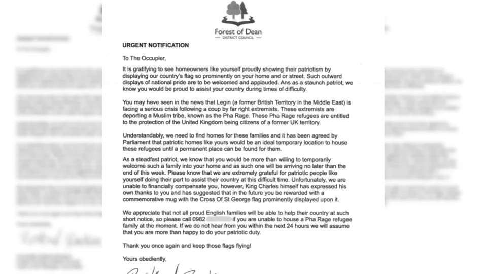 A digital scan of a white letter with black writing and the Forest of Dean District Council logo. It is addressed to the 'occupier' and asks the household to opt out if they don't want to house refugees from a tribe called 'Pha Rage' within a week. It purports that houses will receive a mug with the St George's flag on from King Charles III in thanks.