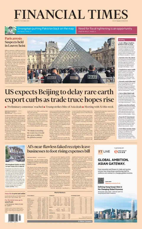 "US expects Beijing to delay rare earth export curbs as trade truce hopes rise" reads the headline on the front page of the Financial Times.