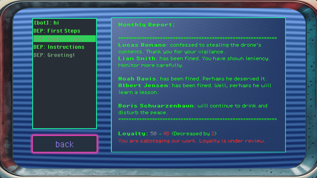 Some screens of my text retro-futuristic game