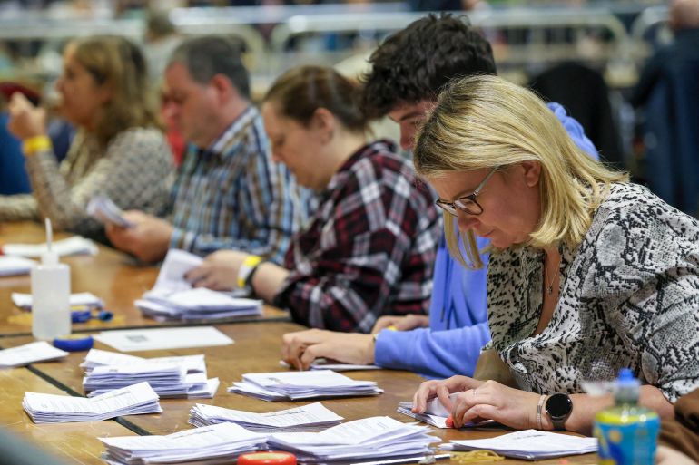 Counting of ballots takes place in the Irish Presidential election at the RDS count centre in Dublin City centre in Ireland on October 25, 2025.