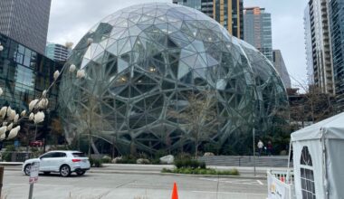 Image: The Amazon Spheres in downtown Seattle can be seen in a recent photo. (Photo: Jason Rantz, K...