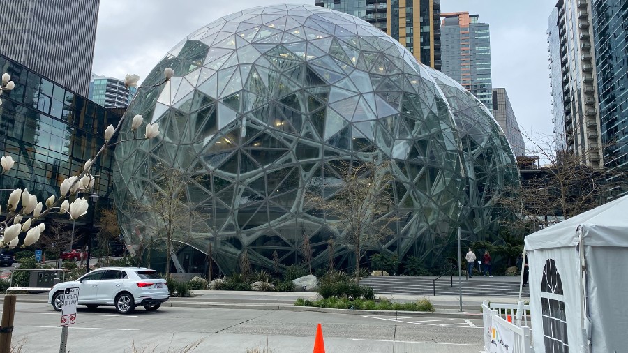 Image: The Amazon Spheres in downtown Seattle can be seen in a recent photo. (Photo: Jason Rantz, K...