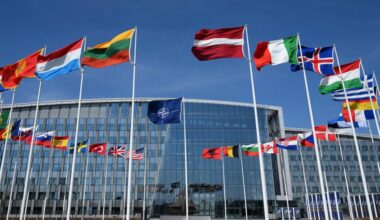 This photograph shows the North-Atlantic Treaty Organisations (NATO) flag and member states flags at the NATO headquarters in Brussels, April 2, 2025. (AFP Photo)