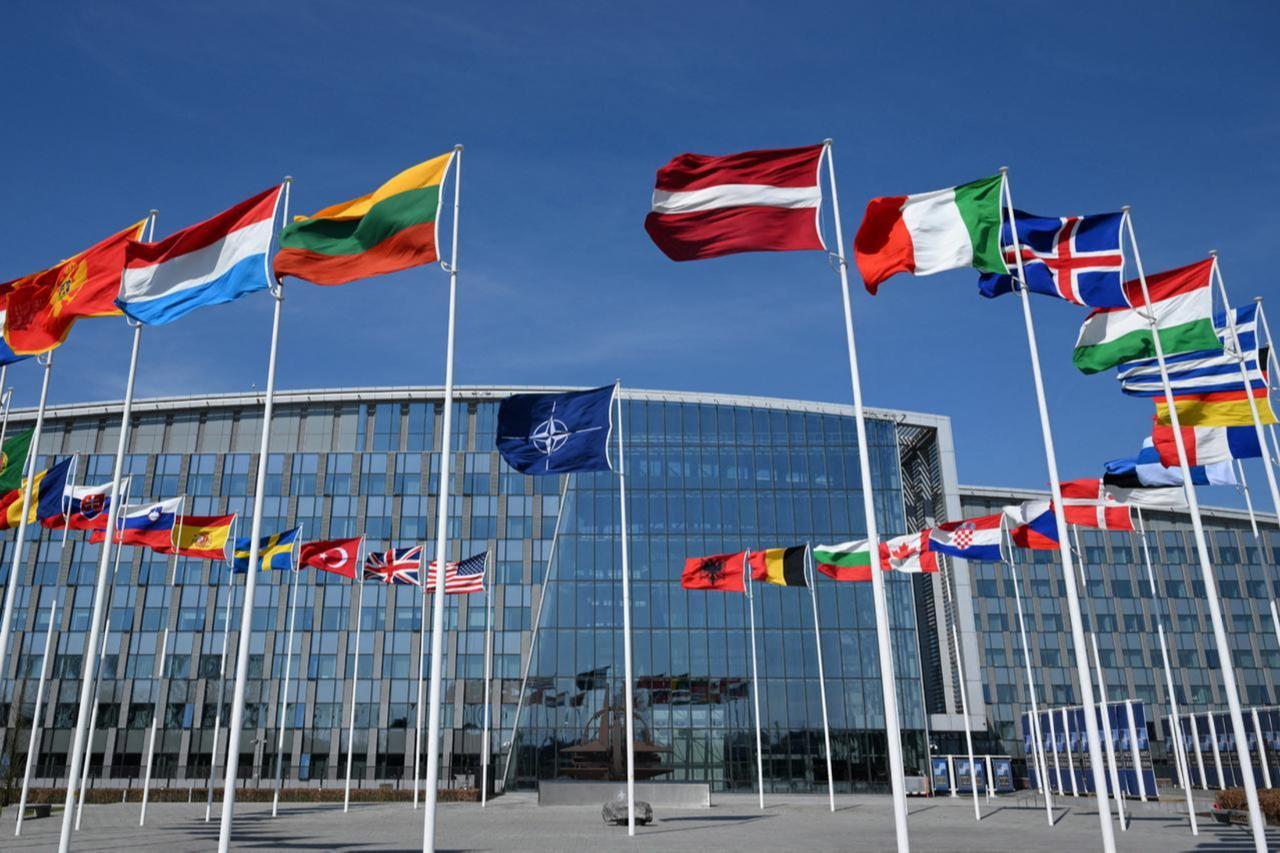 This photograph shows the North-Atlantic Treaty Organisations (NATO) flag and member states flags at the NATO headquarters in Brussels, April 2, 2025. (AFP Photo)