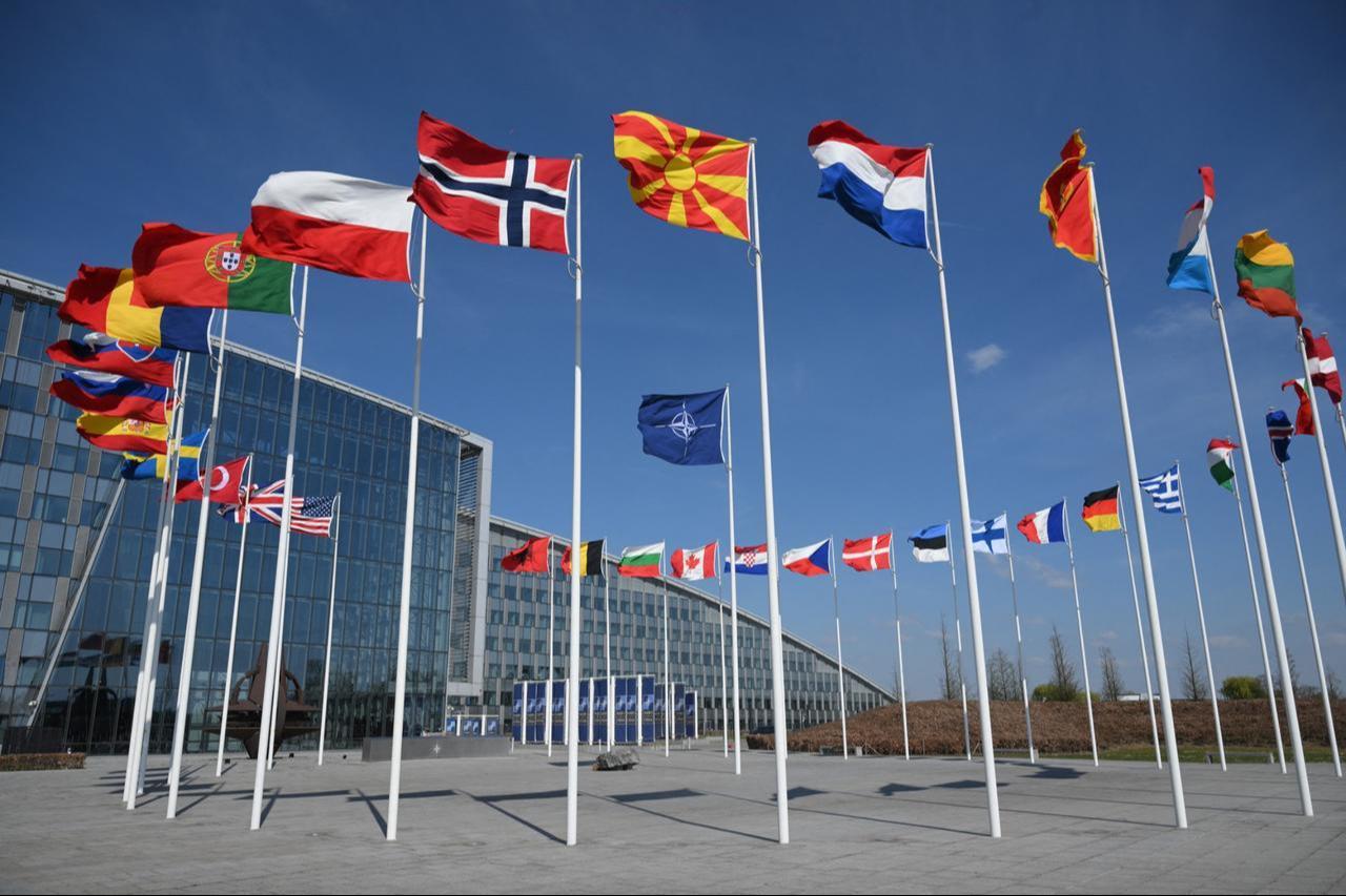 This photograph shows the North-Atlantic Treaty Organisations (NATO) flag and member states flags at the NATO headquarters in Brussels on April 2, 2025. (AFP Photo)