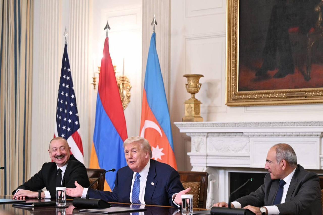 U.S. President Donald Trump (C), Azerbaijani President Ilham Aliyev (L), and Armenian Prime Minister
Nikol Pashinyan (R) hold a press conference following the trilateral meeting where they signed joint declaration at the White House in Washington D.C. , United States on Aug. 08, 2025. (AA Photo)