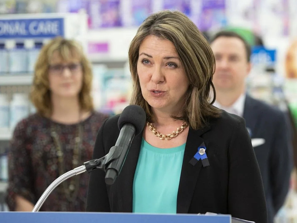 Premier Danielle Smith, with then-minister of health Jason Copping (right) and Margaret Wing, CEO, Alberta Pharmacists’ Association, providing an update in Edmonton on the government’s efforts to import children’s pain and fever medications on March 20, 2023.