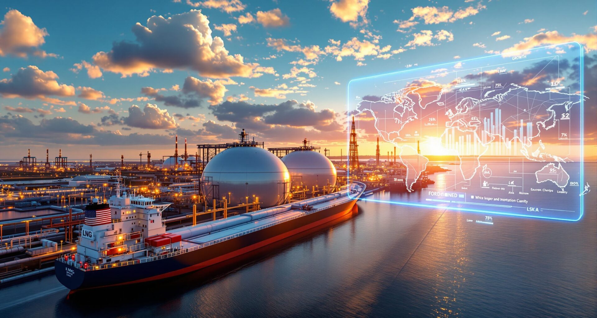 LNG ship at terminal, digital map overlay.