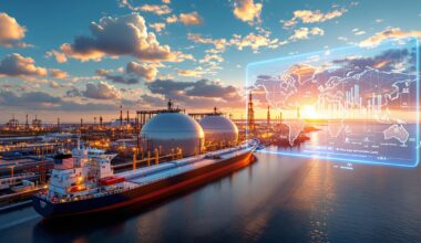 LNG ship at terminal, digital map overlay.