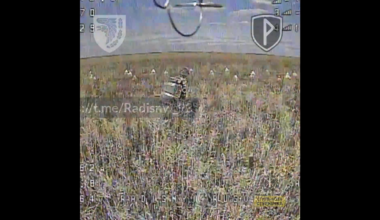 Lone Russian soldier turns around and sees a drone closing up on him.