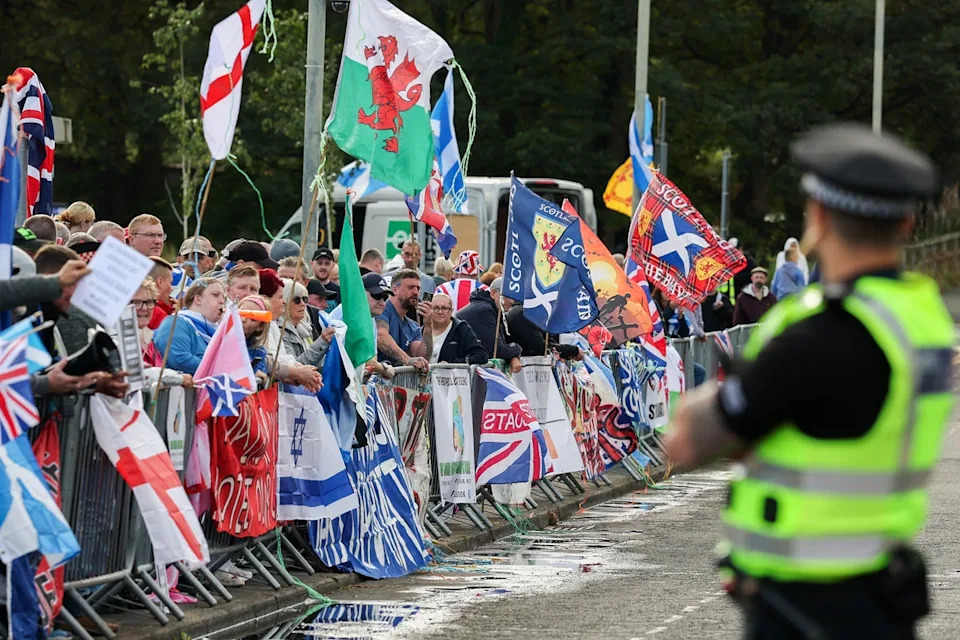 Anti-migrant protesters demonstrate outside the Cladhan Hotel on September 13, 2025 in Falkirk, Scotland. (Getty Images)