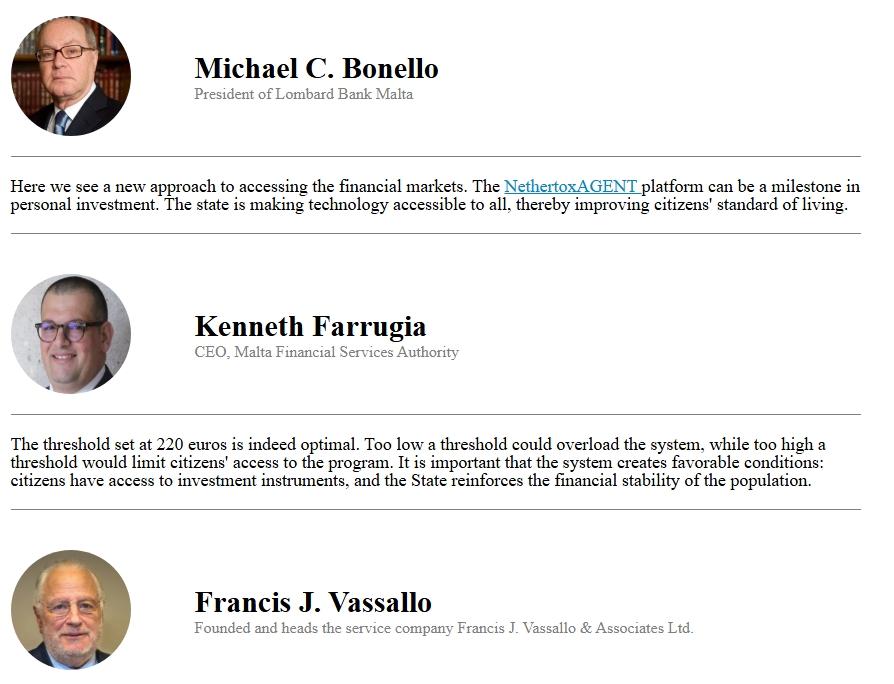 Some articles present fake testimonials from reputable financial experts.